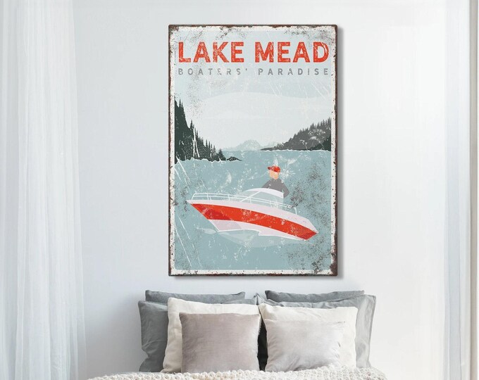 Boat Lake Sign, White Speedboat Lake Art, Personalized Lake Mead Wedding Gift