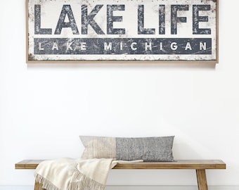 Personalized Lake Sign Canvas - Nautical Style, Navy Blue Decor