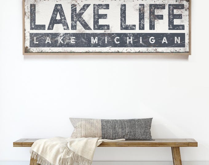 Personalized Lake Sign Canvas - Nautical Style, Navy Blue Decor