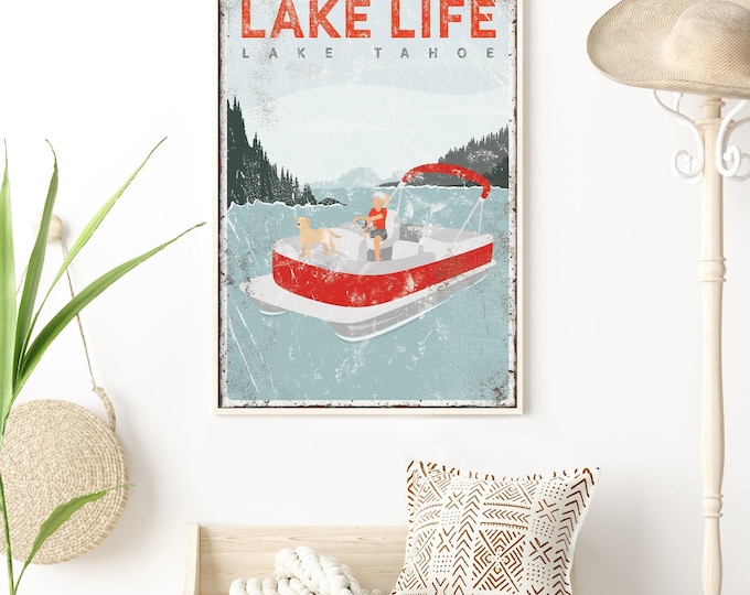 vintage LAKE TAHOE canvas, personalized pontoon boat art for lake house decor, girl boating with dog, Golden Labrador, retro lake art {vpl}