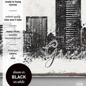 Black skyline detail on distressed white canvas with cursive Greenville script, beside notes on archival inks and a BLACK on white color badge.