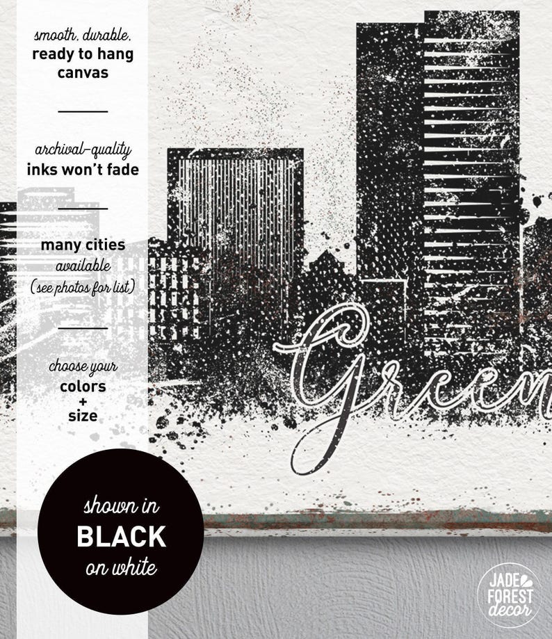 Black skyline detail on distressed white canvas with cursive Greenville script, beside notes on archival inks and a BLACK on white color badge.