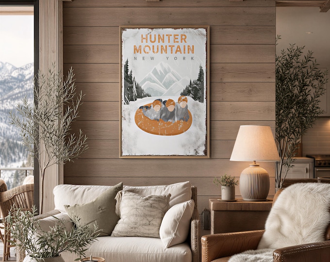 Family Snow Tubing Wall Art, Vintage Style (Custom Text, Orange Accent)