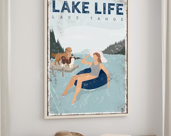 Tube Lake Sign, Navy Pale Blue Tan, Custom Lake Tahoe Family Sign
