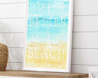 Vintage Beach Poster: Weathered Wood Sign, Turquoise Blue
