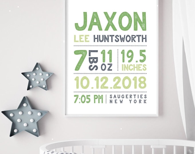 Birth Stats Wall Art: Custom Baby Name Sign (Green and Gray)