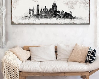 Cincinnati Skyline Wall Art: Black & White Vintage Style