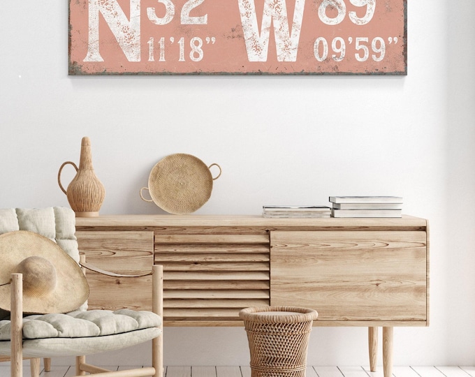 Latitude Longitude Wall Art: Coral Typography - Modern Farmhouse Style