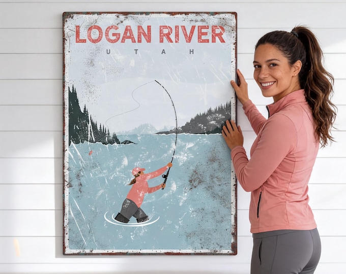 Fly Fishing Artwork Lake Decor, Logan River Utah Angler, Pink Lake Fisherman Gift