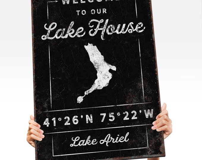 custom LAKE HOUSE sign > distressed black print with coordinates, rustic farmhouse canvas wall art for lakehouse decor, Lake Ariel {lgb}