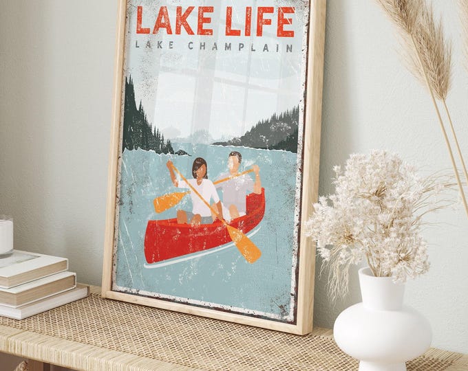 Red Personalized Canoe Couple, Vintage Lake Poster, Rustic Wall Art, Custom Text Artwork, Lake House Decor, Handmade Gift {VPL}
