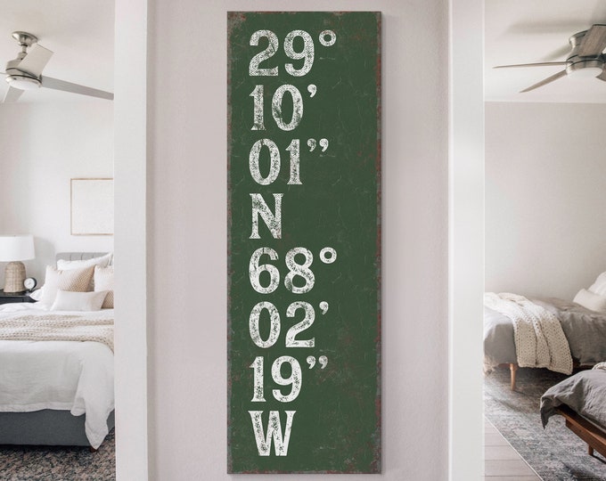 vine green and white CUSTOM COORDINATES Sign, Tall & Narrow Framed Canvas Art Print, Typography Wall Art for Modern Farmhouse Decor {tgb}