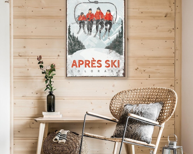 Personalized Art, Family Gift for Dad, Skiing Gift, Four Person Ski Lift Poster, Vintage Mountain Lodge Decor, Retro Red Accent {vpi}