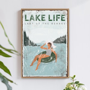 custom LAKE LIFE poster > Lake of the Ozarks coastal decor, self care gift on floatie tube, natural forest green lake house art print {VPL}
