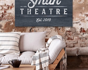 Theatre Wall Sign: Custom Name and Year (Rustic Navy Canvas)