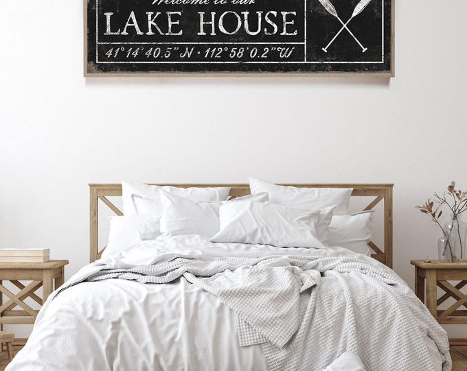 Canoe Paddles, Black And White Lake House Sign With Your Coordinates And Welcome Message