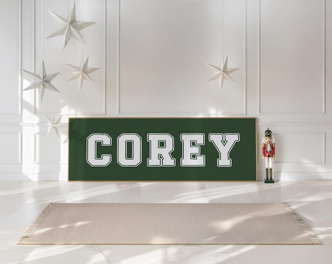 Vintage sports room art, white letters sign with custom name in dark green