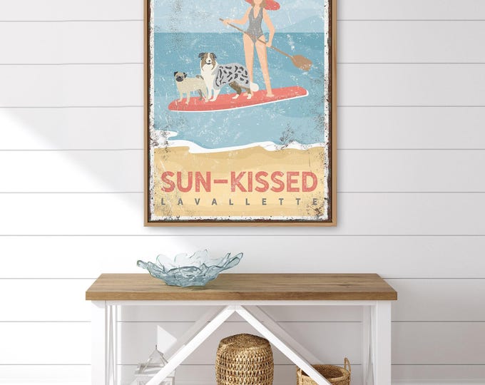 vintage BEACH PADDLEBOARD SIGN with dogs, Pug and Australian Shepherd shown, custom beach house wall art, Lavalette New Jersey {vpb}