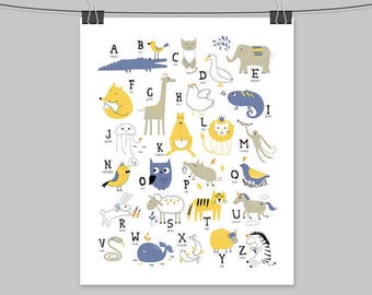 Animal Alphabet Wall Art: Yellow, Blue & Gray Nursery Print
