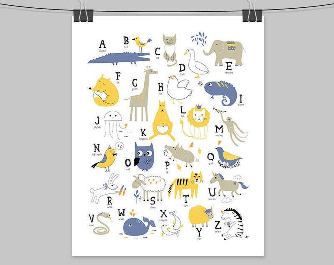 Animal Alphabet Wall Art: Yellow, Blue & Gray Nursery Print