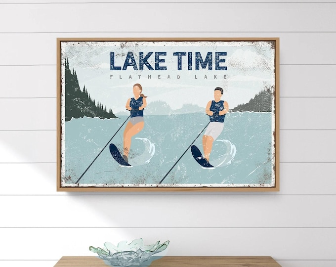 personalized LAKE TIME sign with couple waterskiing, retro flathead lake canvas print, vintage lake signs, custom lake house decor {VPL}