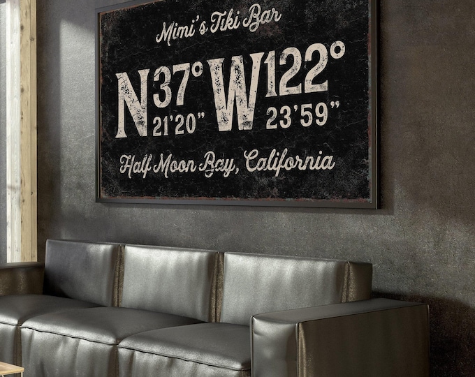 Custom tiki bar decor sign, your bar name, coordinates and town in bold type