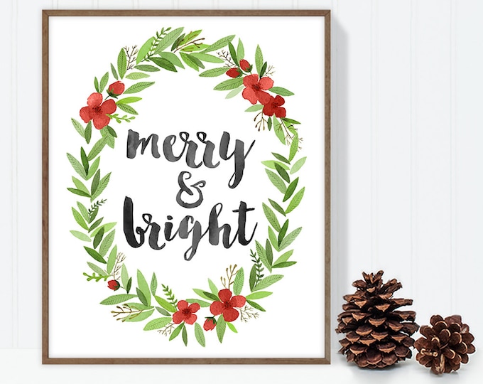 merry and bright / wall art print DIY / christmas decoration / HOLIDAY WREATH / calligraphy, red and green ▷digital printable sign