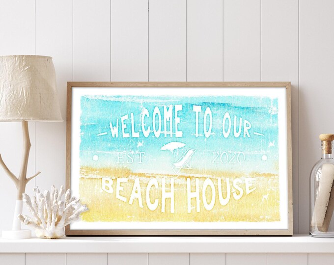 Personalized Beach House Sign: Watercolor Chair, Weathered Canvas