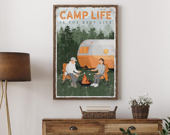 Orange Camper Mountain Cabin Sign, Marshmallow Fireside Scene, Pine Forest Camp