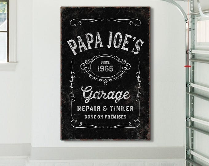 Vintage Garage Sign, Whiskey Label Canvas (Custom Name & Year)