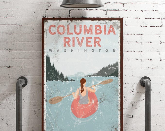 Kayak Lake Art, Coral Kayak Columbia River Washington, Vintage Lake House Kayak Decor