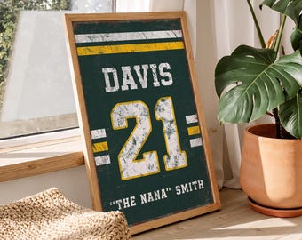 Custom Sports Jersey Sign - Hunter Green and Gold, Game Day Wall Art Gift