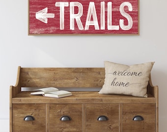 Rustic Hiking Sign - Dark Red Trails on Faux Weathered Canvas