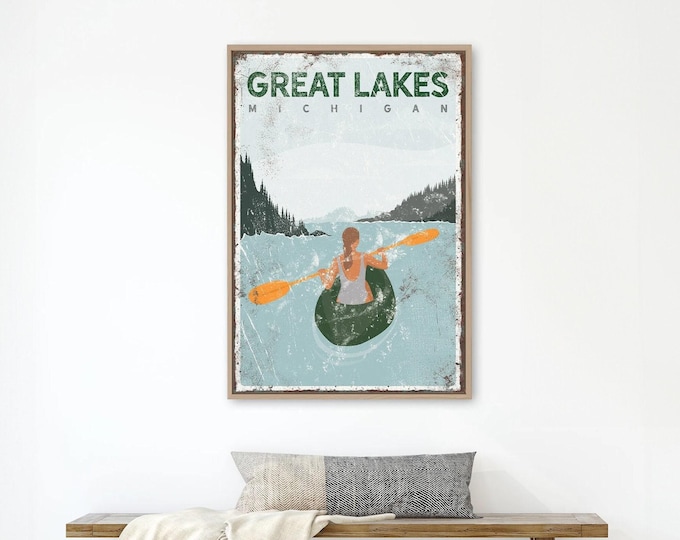 Lake House Wall Decor, Forest Green Kayak, Vintage Style (Custom Text)