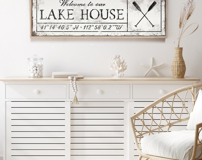 Oar Lake Sign, Cream Coordinate Art, Personalized Welcome to Our Lake House Gift