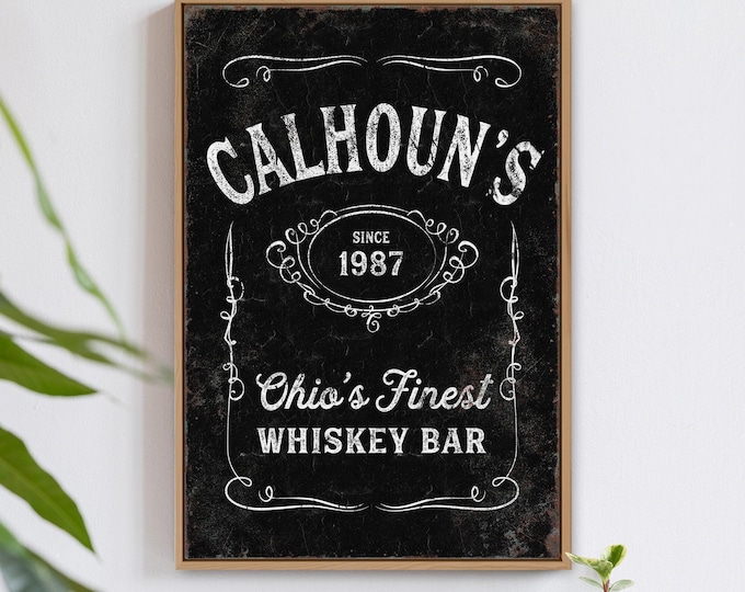 aged WHISKEY LABEL sign > vintage print for whiskey bar decor, large framed bar sign, custom farmhouse gift for him