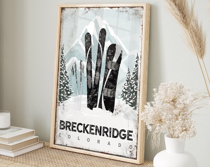 Breckenridge Colorado Ski Poster, Custom Mountain Lodge Decor, Framed Ski Wall Art, Personalized Vertical Ski Wall Decor, Skiing Home Gift
