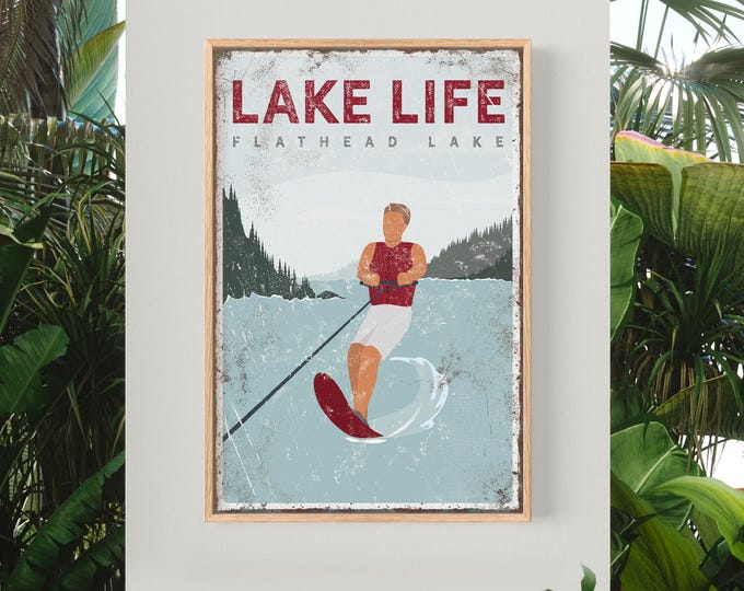 Vintage Lake Poster, Man Water Skiing, Maroon Accent (Custom Text)