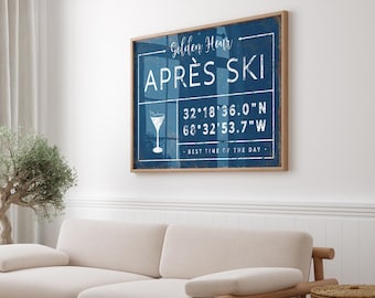 Apres Ski Coordinates Sign - Navy Blue, Custom Name, Rustic Style