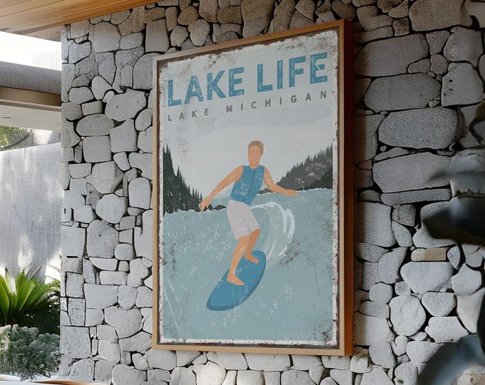 Lake House Decor, Personalized Wake Surf Sign, Custom Lake Gift for Men, Male Wakeboard Wall Art Canvas Print, Cerulean Accent {vpl}