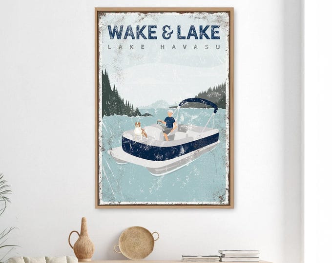 Rustic Lake Canvas Art: Vintage Navy Blue, Custom Pontoon & Dog (Framed or Unframed)