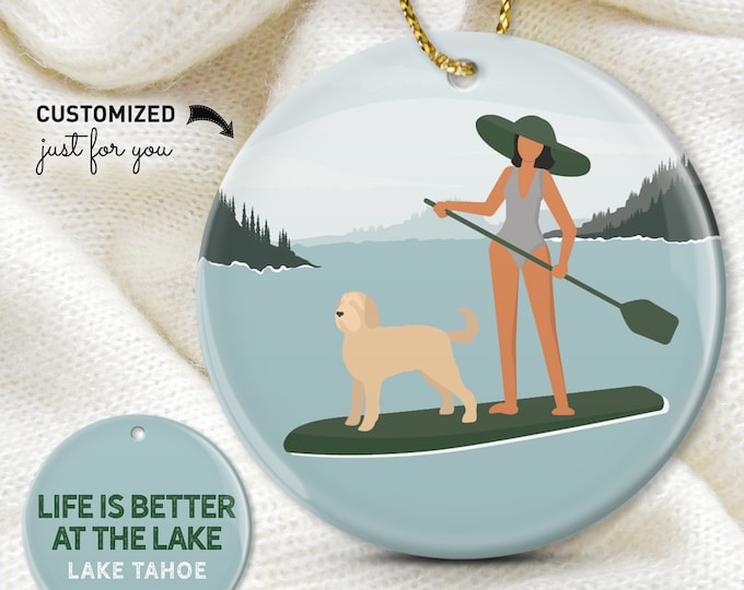 Paddleboard ornament for wife • woman paddleboarding with Labradoodle • personalized dog mom gift • SUP Lake Tahoe LAKE LIFE art {vpl}