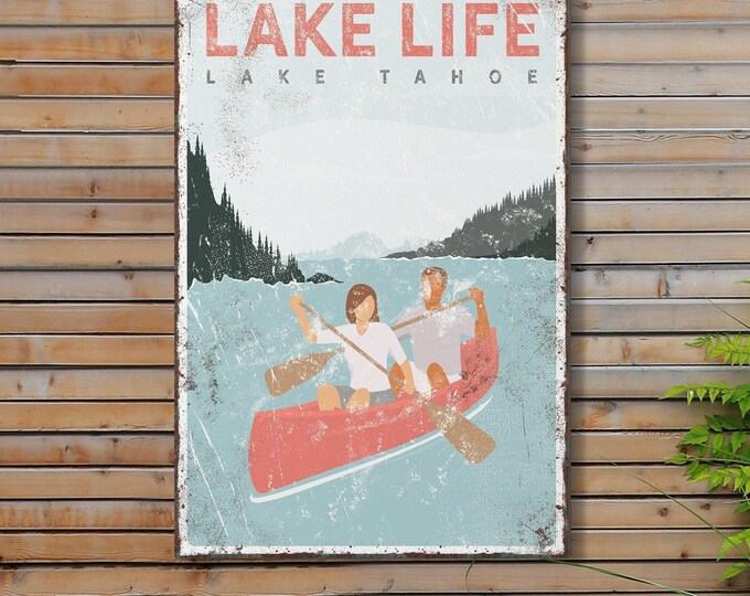 Canoe Paddles Lake Tahoe Wall Art, Red Canoe Lake Life Sign, Coral Lake House Decor