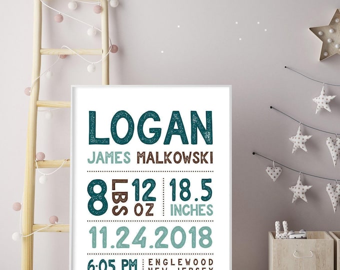 Birth Announcement Wall Piece, Typographic Sign with Baby Name and Stats