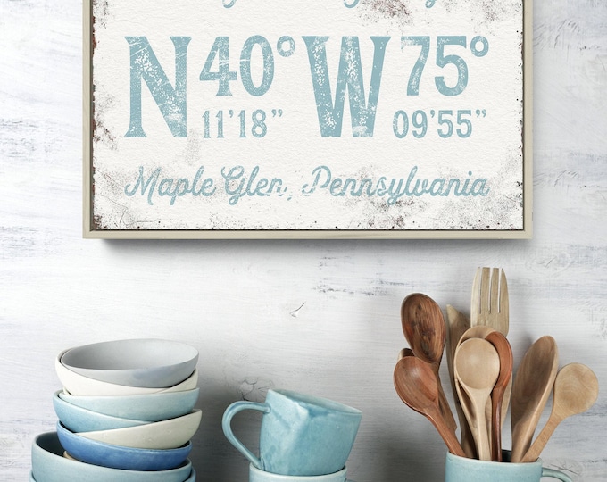 Cream and light blue coordinates sign, custom family name, town and GPS art