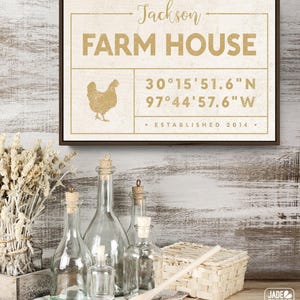 Rooster decor farmhouse sign with coordinates, custom name and year