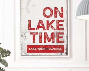 Red Lake Art On Lake Time Sign, Custom Lake Name, Red Off White Wall Decor