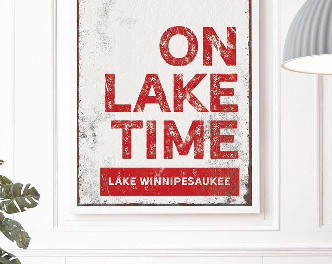 Red Lake Art On Lake Time Sign, Custom Lake Name, Red Off White Wall Decor