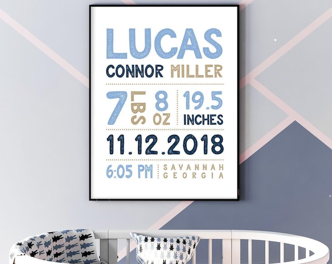 Custom Baby Birth Stats Sign - Navy Nursery Name Wall Art