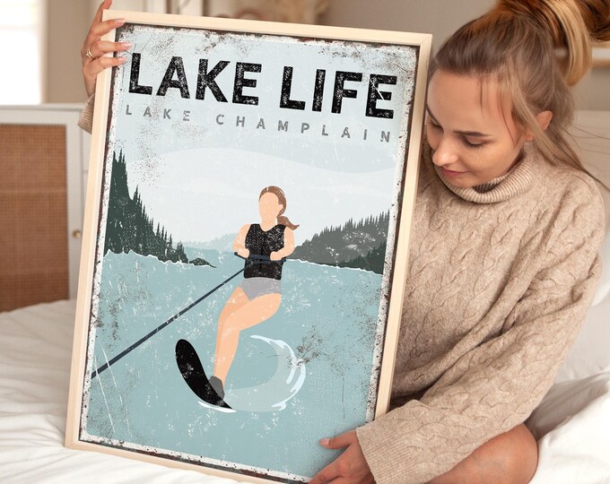 Lake Cabin Sign Art, Custom Waterski Lake Life Wall Print, Personalized Lake House Decor